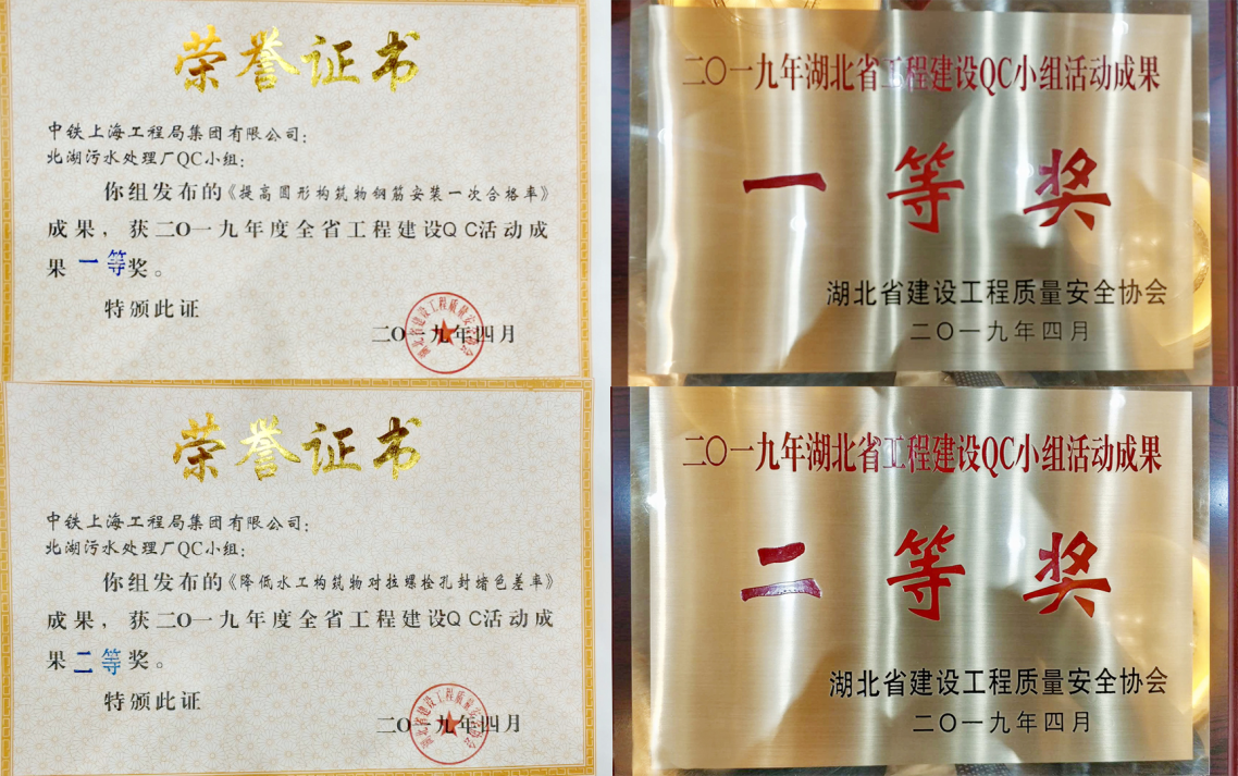 武漢北湖污水廠項目喜獲2019年湖北省 工程建設QC活動一、二等獎